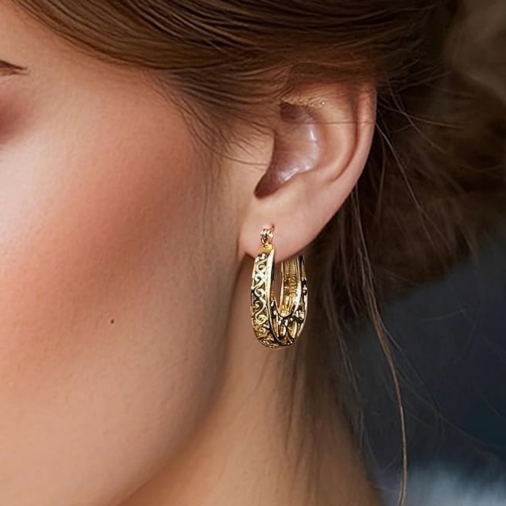 14K Gold Plated Gold Filigree Hoop Earrings for Women - Picture 2 of 4
